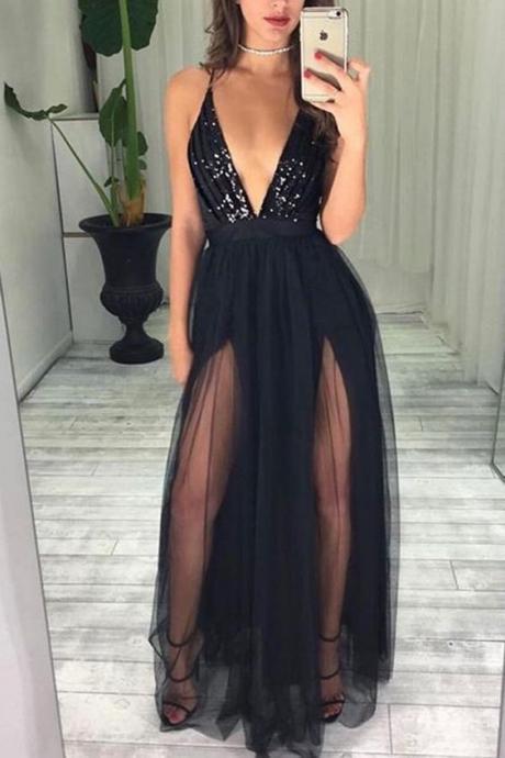 Sexy Black Spaghetti Straps Deep V Neck With Beading Prom Dress M6531