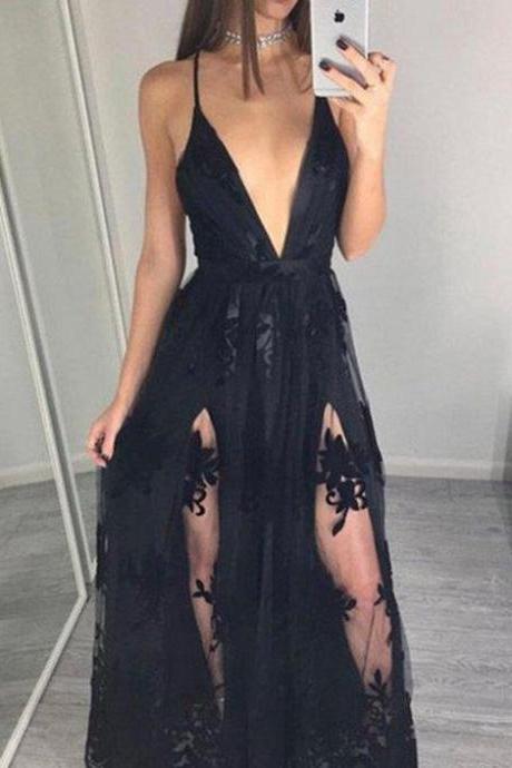 Black Lace Prom Dresses Spaghetti Straps Party Long Gown With Slits M6533
