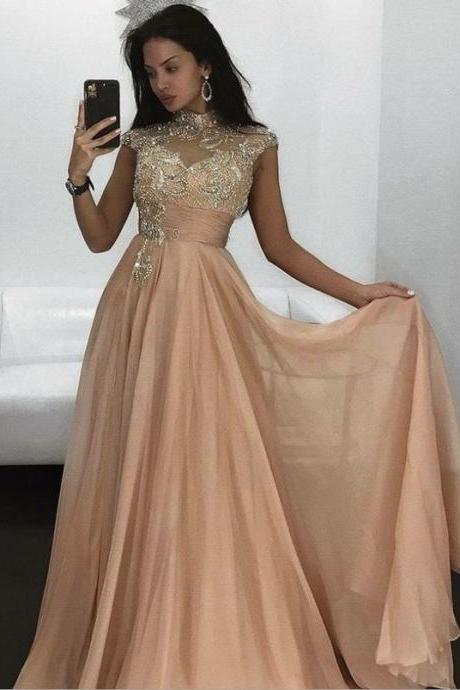 A-line High Neck Pink Chiffon Prom Dress With Appliques Beading M6548