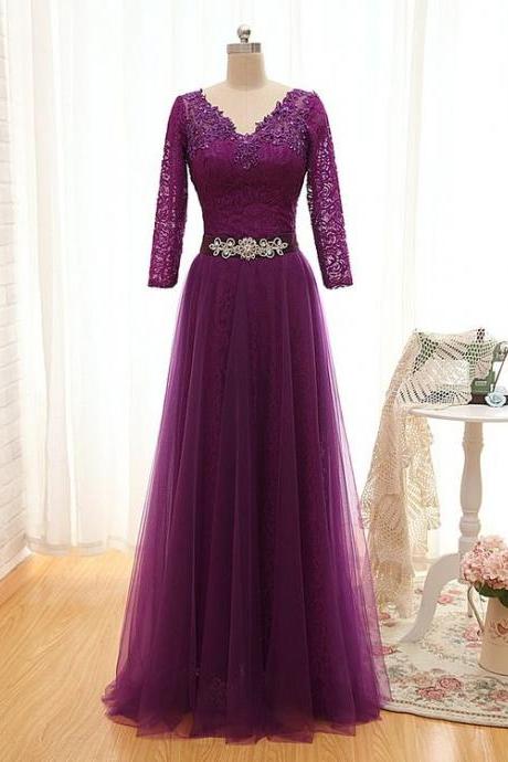 Long Purple Long Sleeves Lace Bridesmaid Dress M6554