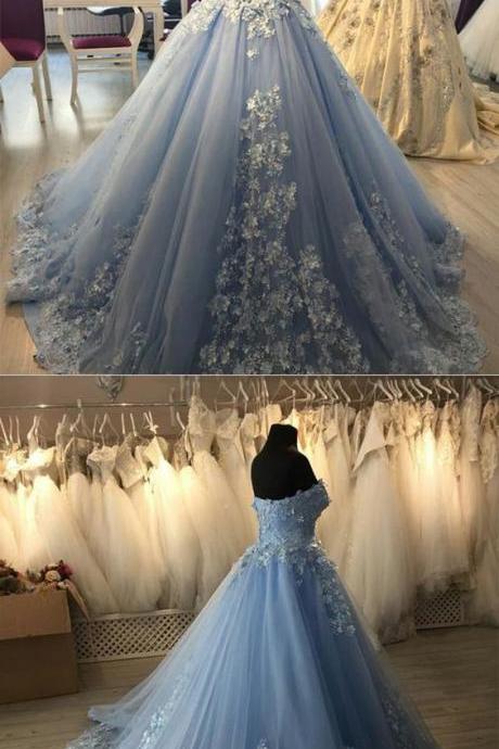 Elegant Lace Appliques Light Blue Tulle Ball Gowns Quinceanera Dresses M6566