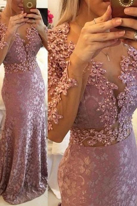 Sexy Sheer Scoop Neck Sheer Long Sleeves Appliques Pearl Hollow Prom Dress Long Prom Dress M6571