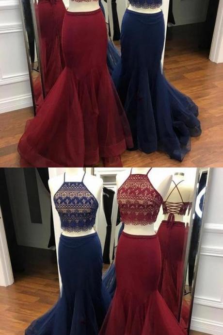 Two Piece Square Neck Sweep Train Burgundy Mermaid Prom Dress With Lace M6573