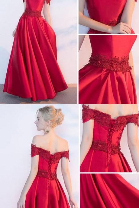 Chic Red A-line Off-the-shoulder Floor Length Satin Applique Long Prom Dress Evening Dress M6579