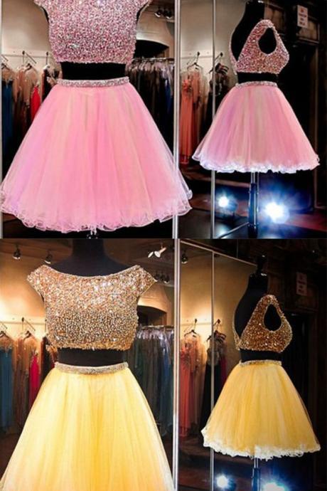 Pink Homecoming Dress,2 Piece Homecoming Dresses,beading Homecoming Gowns,short Prom Gown M6581