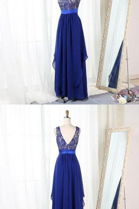 A-line Bateau Floor-length Royal Blue Chiffon Prom Dress With Lace M6602