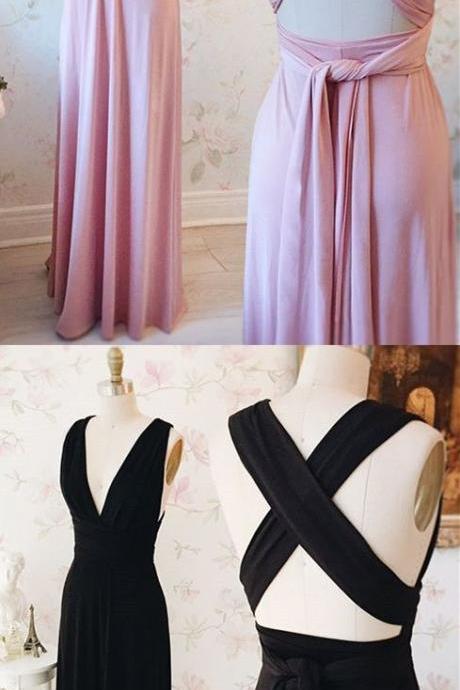 Sheath Deep V-neck Floor-length Pink/black Satin Prom Dress With Sash M6609