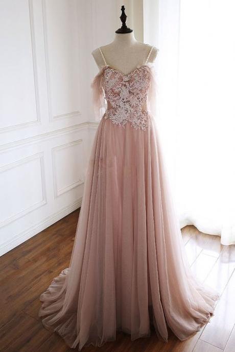 Unique Pink Tulle Lace Long Prom Dress, Pink Evening Dress M6615