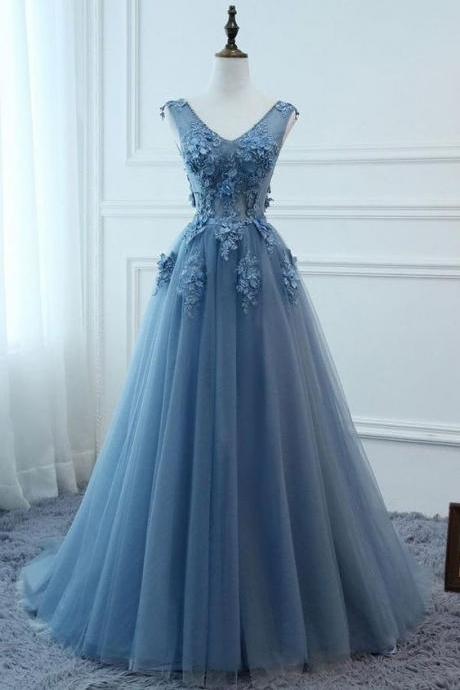 Blue V Neck Tulle Lace Long Prom Dress, Blue Tulle Evening Dress M6616