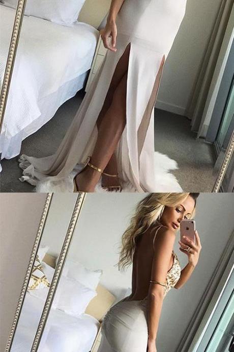 A-line Spaghetti Straps Sweep Train White Chiffon Prom Dress With Lace Sequins M6626