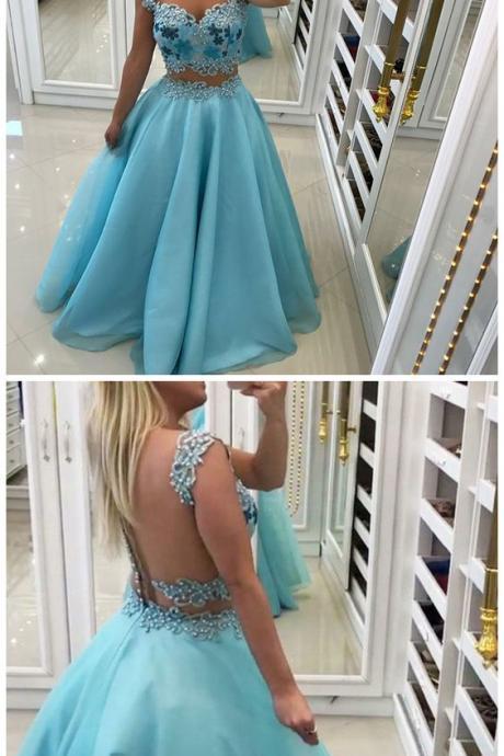 Two Piece Scoop Backless Blue Tulle Prom Dress With Appliques Pearls M6631
