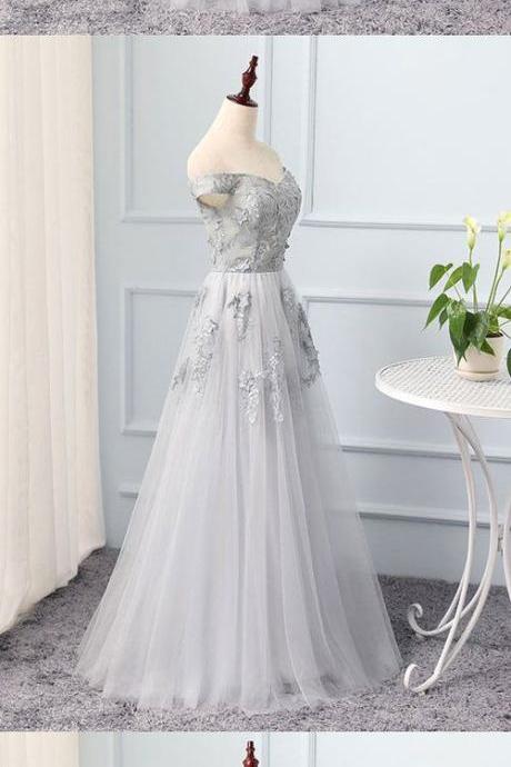 Gray A Line Tulle Lace Long Prom Dress, Lace Evening Dress M6649