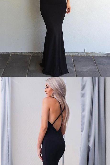 Mermaid Long Prom Dress, Spaghetti Straps Black Prom Dress, Simple Prom Dresses M6655