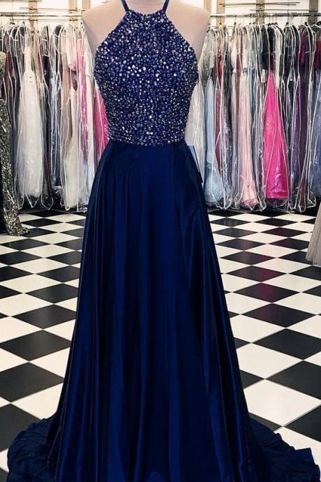 Luxurious Crystal Halter Prom Dresses Long Satin Leg Split Evening Gowns M6663