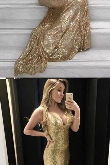 Mermaid Style Straps Sweep Train Backless Gold Sequined Prom Dress M6676