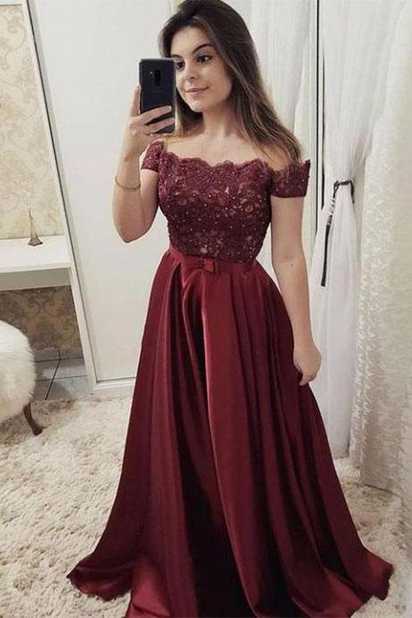 Burgundy Off Shoulder Lace Long Prom Dress, Burgundy Evening Dress M6688