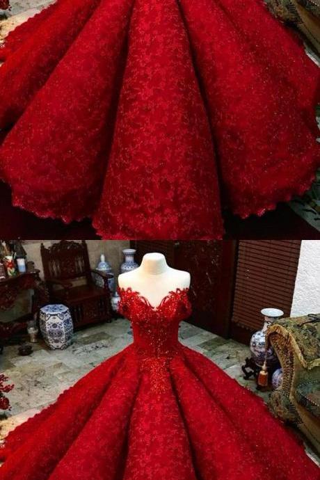 Ball Gown Red Prom Dress With Beads Off the Shoulder Floor-Length Lace Quinceanera Dress Sweet 16 Dresses for Girls M6693
