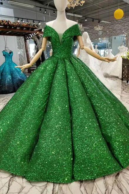 Green Ball Gown Sequins Off The Shoulder Floor Length Wedding Dress M6696