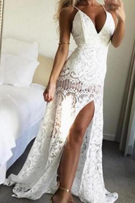 Sexy White Prom Dress Evening Dress A-line Halter Lace Long Prom Dresses Evening Dresses Formal Dress M6705