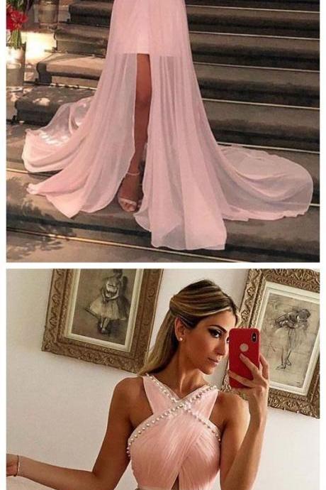 Boho Prom Dresses With Straps Blush Pink Aline Long Slit Prom Dress Sexy Evening Dress M6710