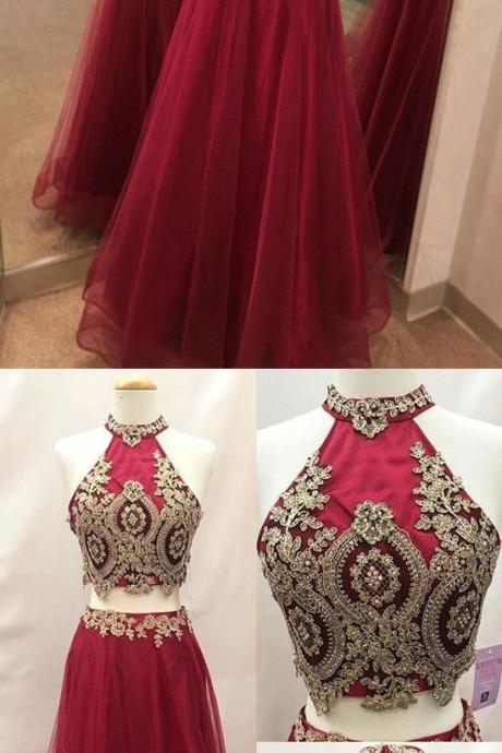 Two Piece Prom Dresses A Line High Neck Sexy Gold Applique Long Burgundy Prom Dress M6712