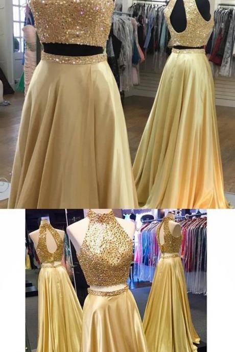 Two Piece Prom Dress, Sparkly Beads Long Prom Dress, Gold Long Prom Dress M6713