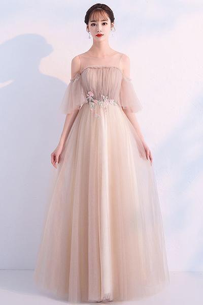 Champagne Round Neck Tulle Long Prom Dress, Champagne Tulle Evening Dress M6714