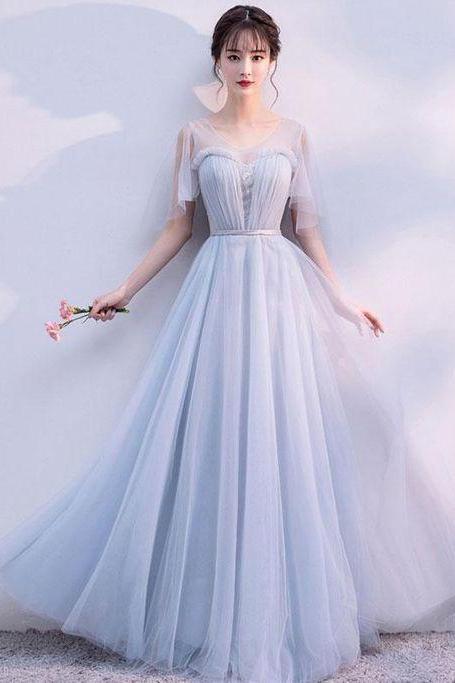 Gray V Neck Tulle Long Prom Dress, Gray Tulle Evening Dress M6715