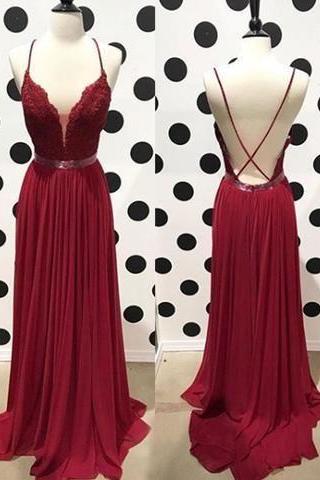 Burgundy Lace Backless Long Prom Dress, Lace Evening Dress M6718