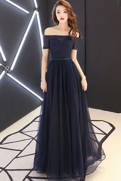 Dark Blue Tulle Long Prom Dress, Blue Tulle Evening Dress M6727