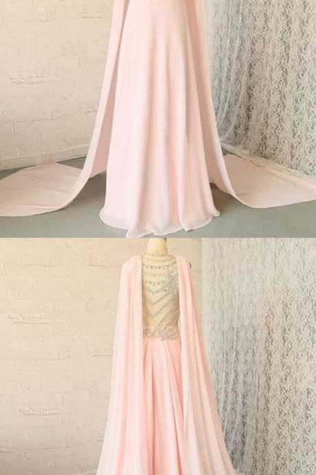 A-line Crew Illusion Back Watteau Train Pink Chiffon Prom Dress With Beading M6731