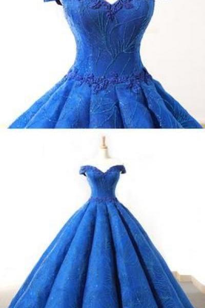 Gorgeous royal blue heavy satin off shoulder long formal prom dress, evening dress with lace appliqués M6735