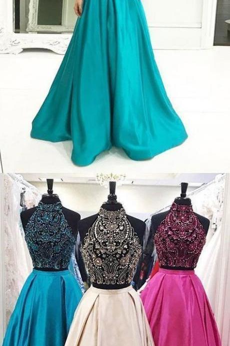 Two Piece High Neck Floor-Length Turquoise Satin Prom Dress M6750