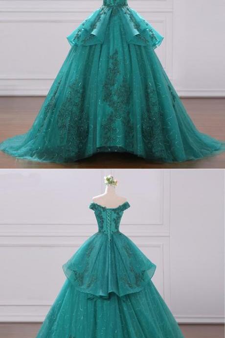 2019 Off Shoulder Green Tulle Layered Long Court Prom Dress, Formal Lace Ball Gown M6756