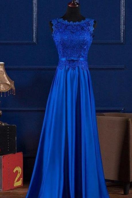 Scoop Neck Lace Satin Evening Dress, Blue Prom Dress, Floor Length Prom Dress, Long Royal Blue Prom Dress M6758