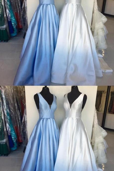 Simple Deep V Neck Light Blue/white Satin Prom Dress M6769