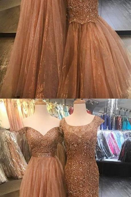 Luxurious Mermaid Bateau/off-shoulder Champagne Tulle Long Prom Dress With Beading M6771