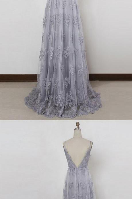 A-line Spaghetti Straps Sweep Train Grey Tulle Prom Dress With Lace M6774