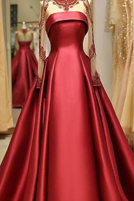 Brilliant Satin High Collar Floor-length A-line Evening Dress With Beadings M6789