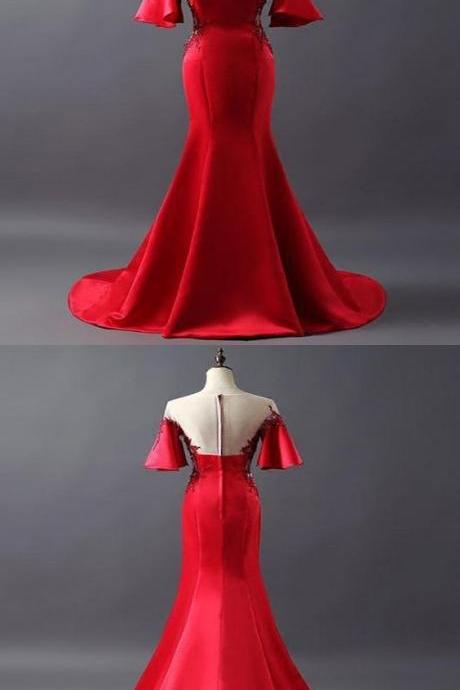 Mermaid Scoop Neckline Short Sleeves Red Satin Floor Length Prom Dresses M6811