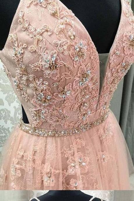 Pink Prom Dresses With Straps Aline Floor-length Appliques Long Lace Open Back Prom Dress M6830