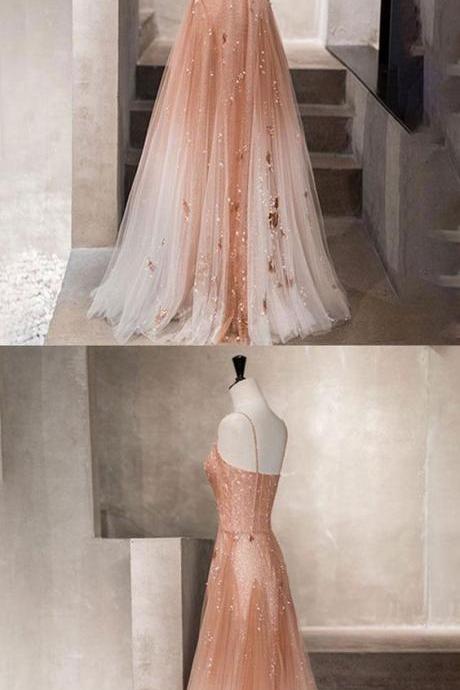 Unique Champagne Tulle Long Prom Dress, Tulle Evening Dress M6843