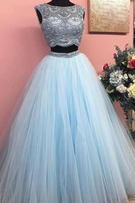 Blue Beads Tulle Long Prom Dress, Blue Evening Dress M6846
