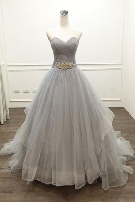 Gray Tulle Sweetheart Sleeveless Floor-length Formal Prom Dress, Evening Dress M6851