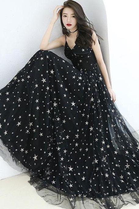 Black V Neck Tulle Long Prom Dress, Black Evening Dress M6858