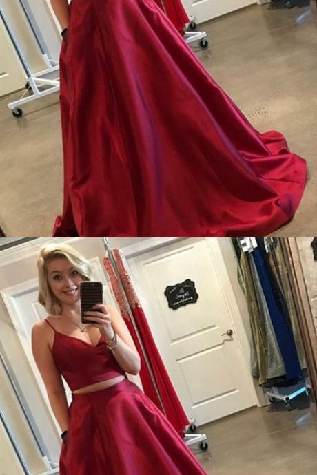 Two Piece Spaghetti Straps Floor-length Red Satin Prom Dress With Pockets M6865