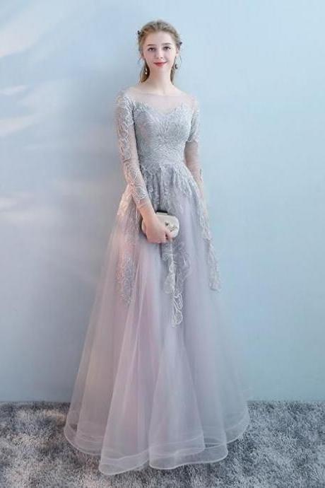 Chic A-line Bateau Tulle Modest Silver Long Prom Dress Evening Dress M6878