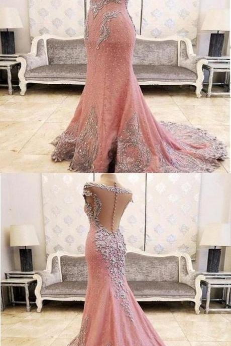 Mermaid Pink Tulle V-Neck Sleeveless Floor Length Prom Dresses With Beading,Sexy Open Back Prom Dresses M6885