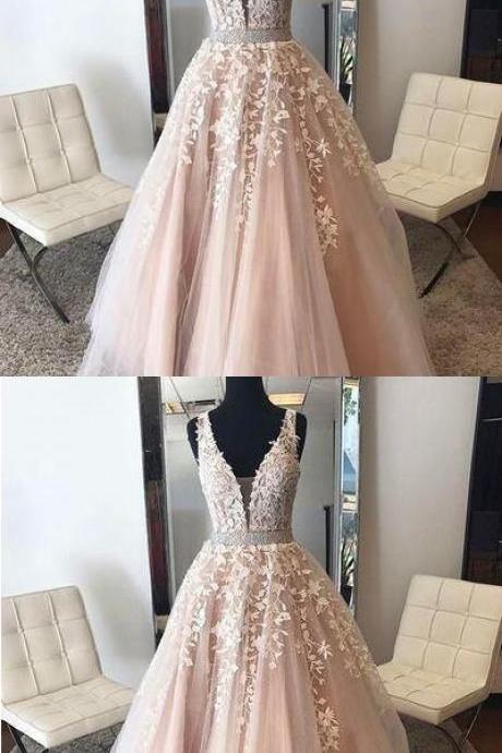 Sexy Appliques Tulle Prom Dress, Champagne V Neck Evening Formal Dress M6903