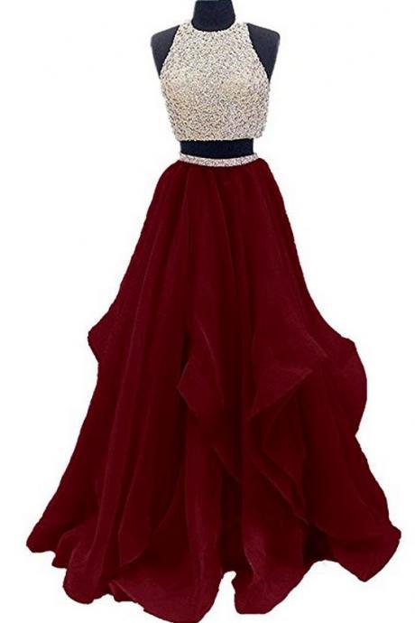 Two Piece Floor Length Burgundy Prom Dress Beaded Open Back Evening Gown M6933